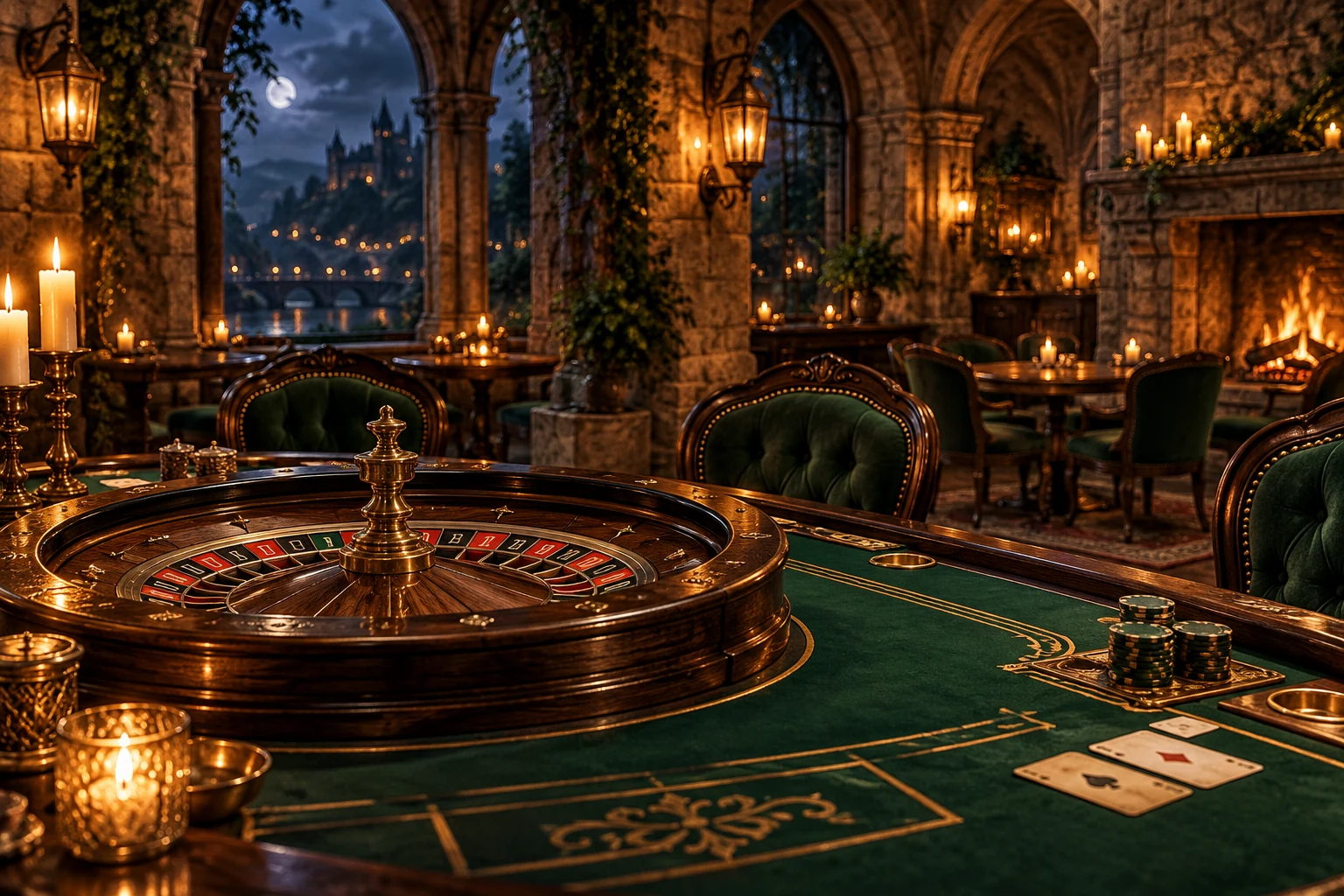 Illustration originale d’une table de roulette en bois dans une taverne médiévale